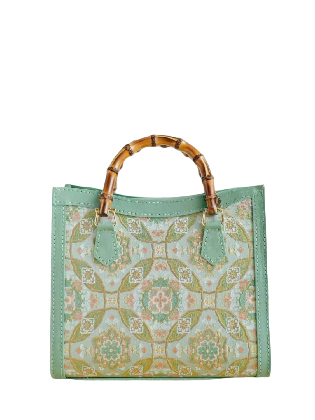 Tote Bag-Mint Green Brocade with Baoxiang Flower and Coin Motifs