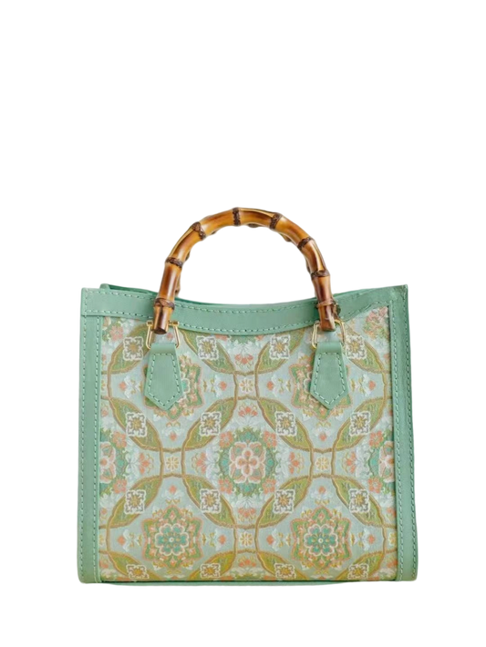 Tote Bag-Mint Green Brocade with Baoxiang Flower and Coin Motifs