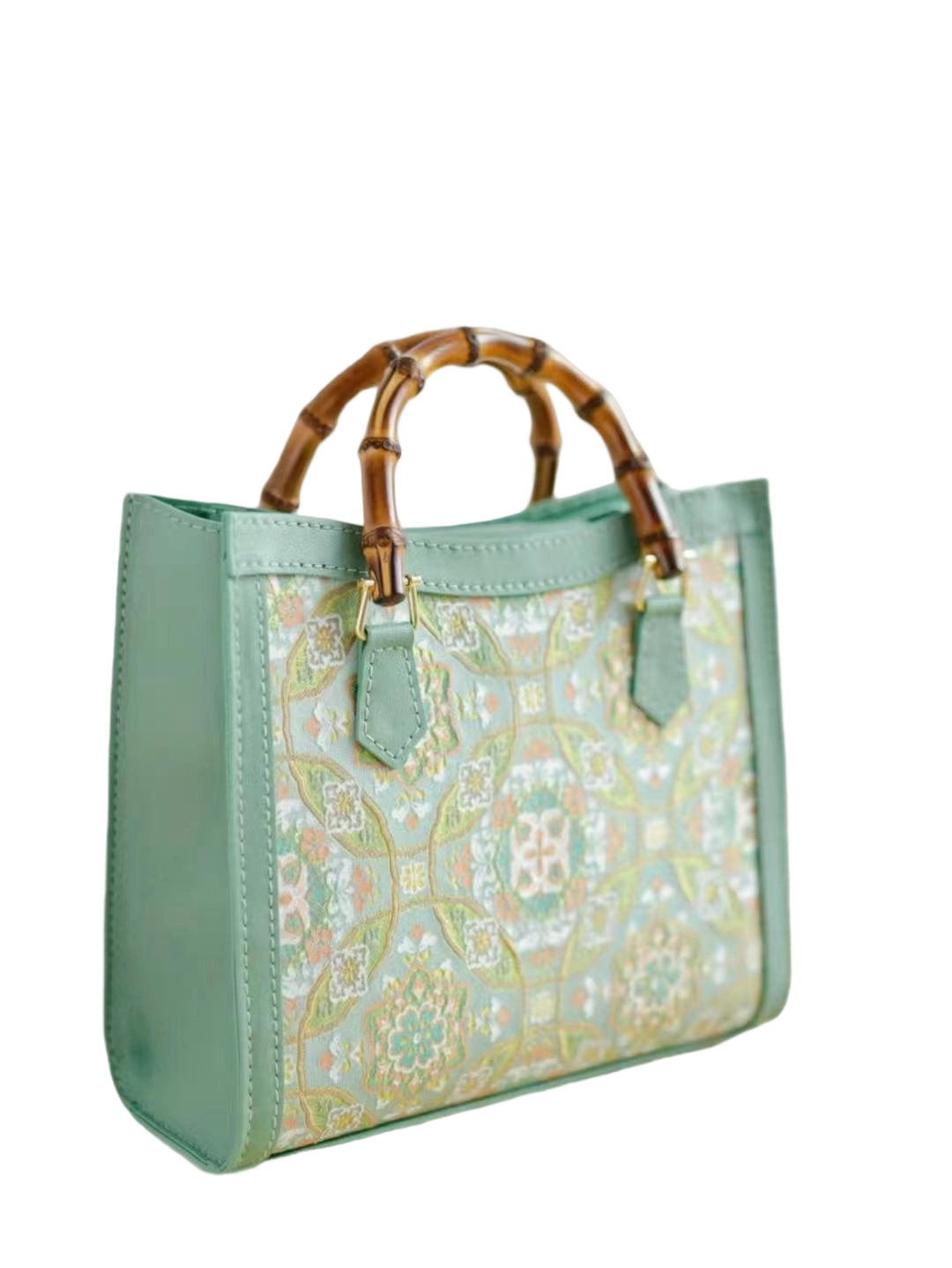 Tote Bag-Mint Green Brocade with Baoxiang Flower and Coin Motifs