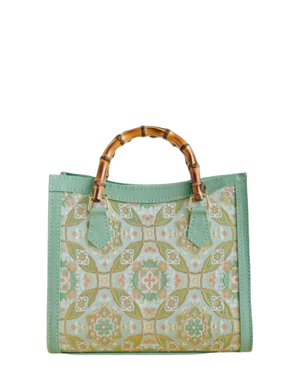 Tote Bag-Mint Green Brocade with Baoxiang Flower and Coin Motifs