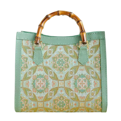 Tote Bag-Mint Green Brocade with Baoxiang Flower and Coin Motifs