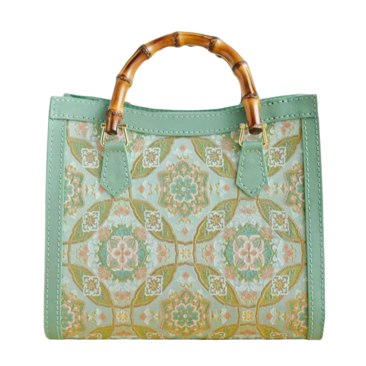 Tote Bag-Mint Green Brocade with Baoxiang Flower and Coin Motifs
