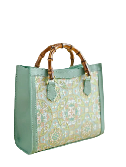 Tote Bag-Mint Green Brocade with Baoxiang Flower and Coin Motifs